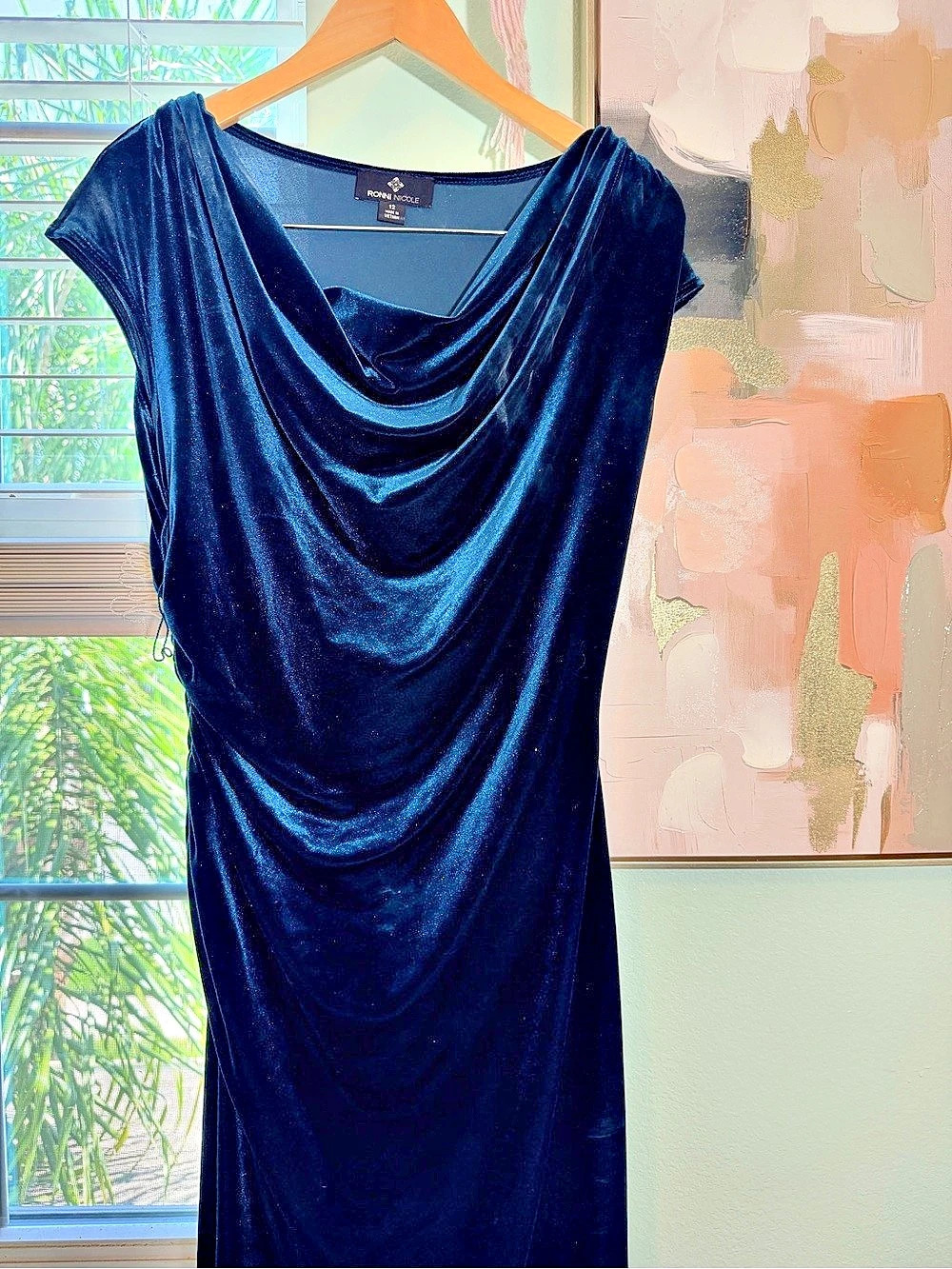 Ronni Nicole Draped Neck Velvet Dress in Black Size 12 Like New